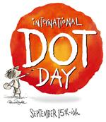 International Dot Day, September 15th-ish; a drawin gof a young girl who appears to be painting a large red dot behind text 